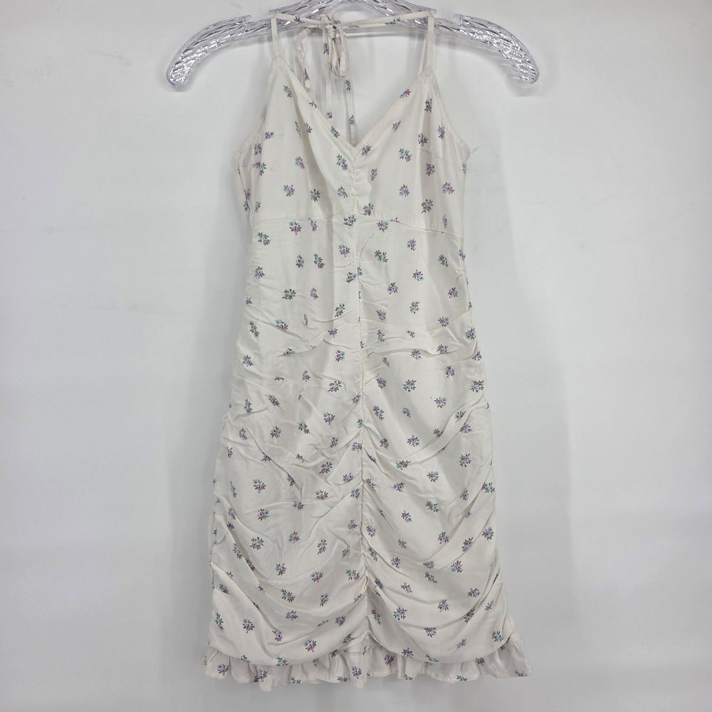 Hollister Ruched Mini Dress XS White Floral Halter Coquette Cottagecore Boho